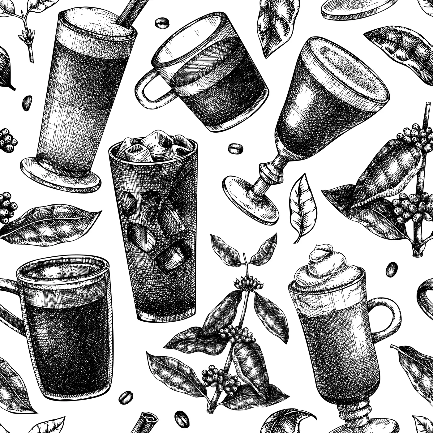 Hand-sketched coffee seamless pattern. Vector sketches of mugs with aromatic caffeine drinks background. With botanical coffee plants, leaves, and beans in vintage style. Vector beverages backdrop Illustration